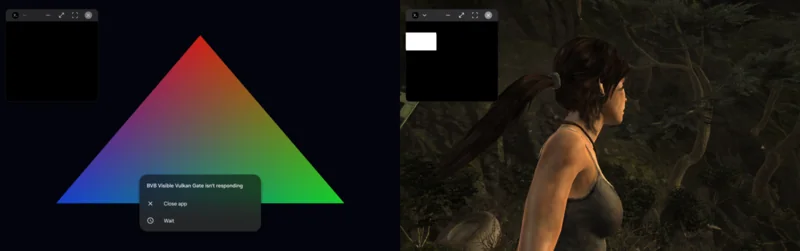 Bionic Vulkan bridge rendering a test triangle and then a real Tomb Raider frame through an Android X11 activity