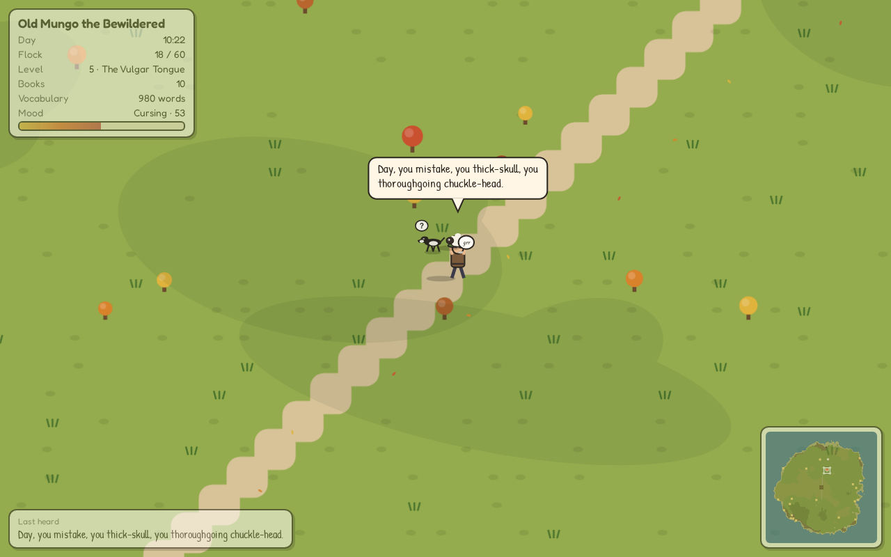 The herder carries a sheep along a country road while delivering a newly elaborate curse
