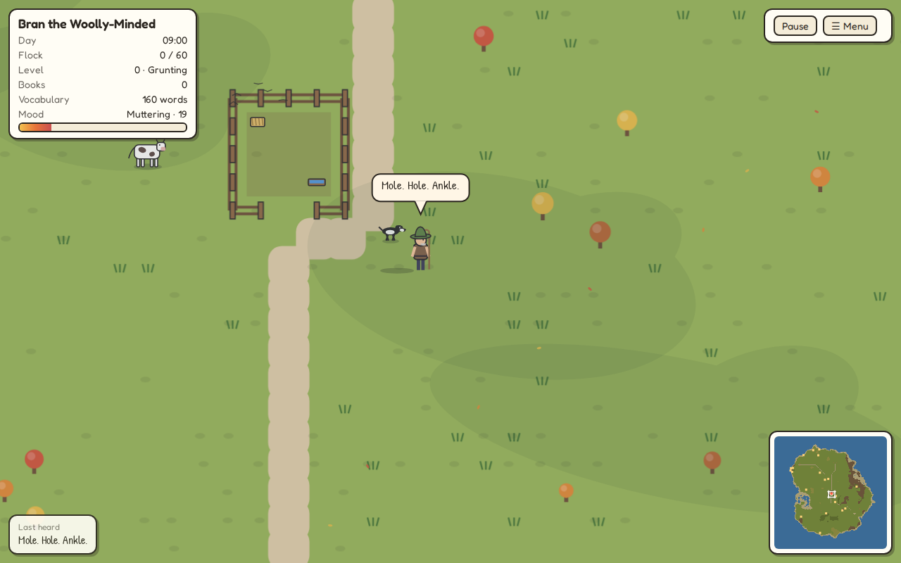 The herder stands near the sheep pen with his crook, a cow, and his unhelpful sheepdog