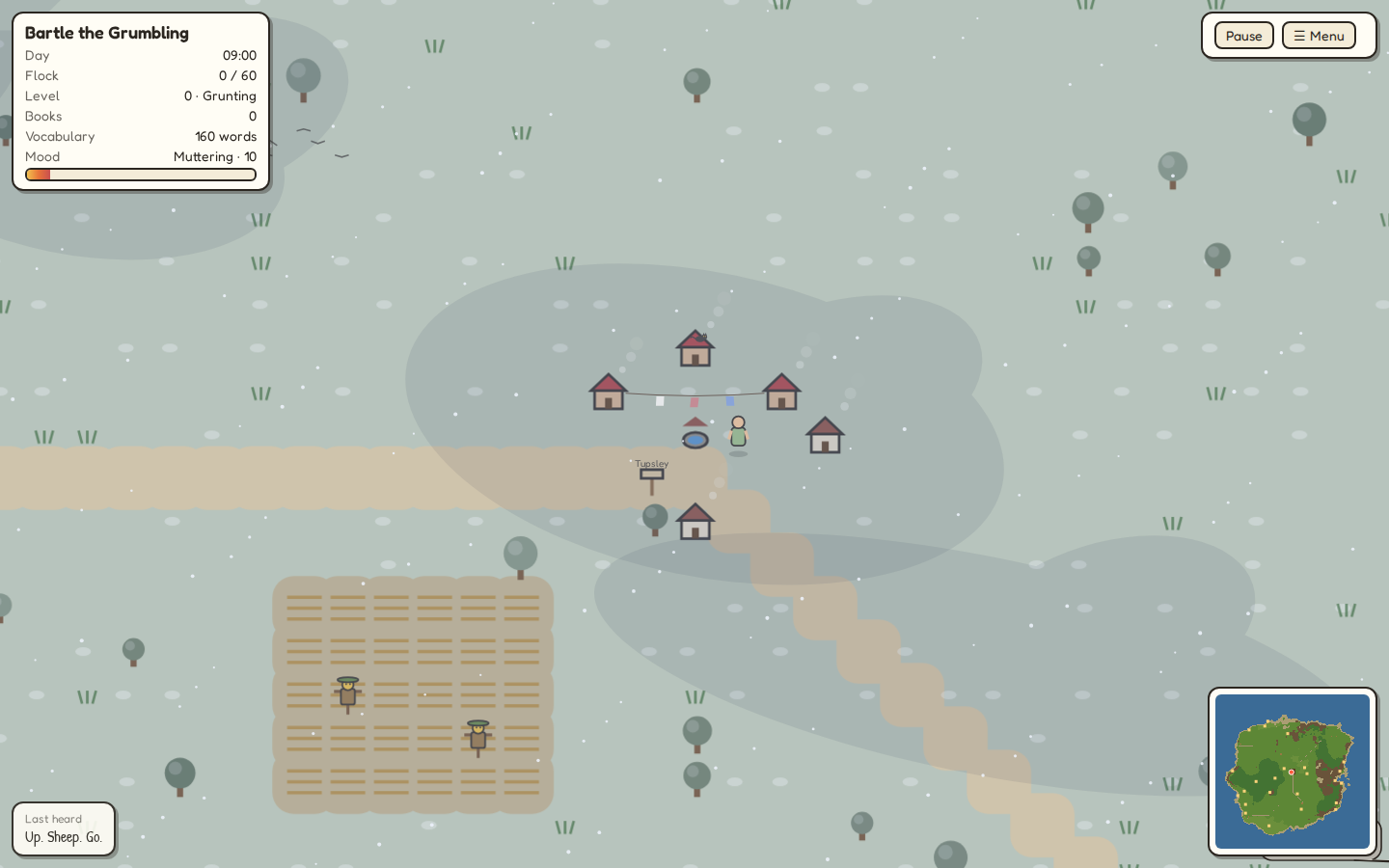 The village in winter with snow, grey trees, washing lines, and scarecrows