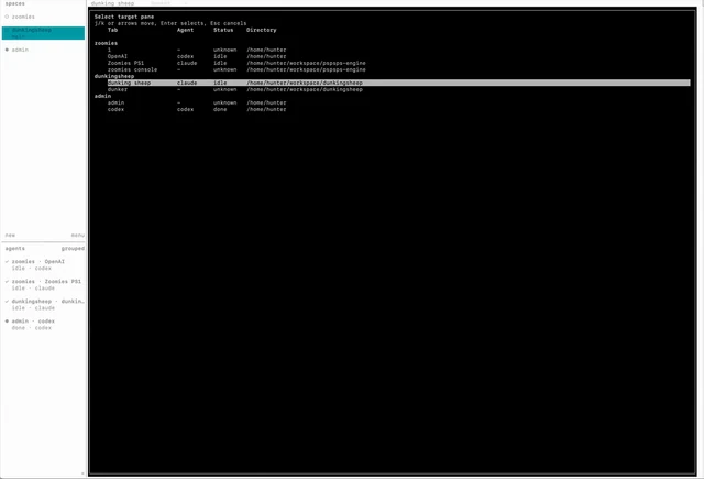 View the full-size Dunking Sheep interface selecting a Herdr agent pane
