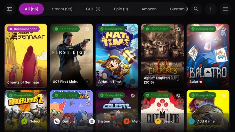 GameNative Android library interface showing Steam, GOG, Epic, Amazon, and custom game tabs