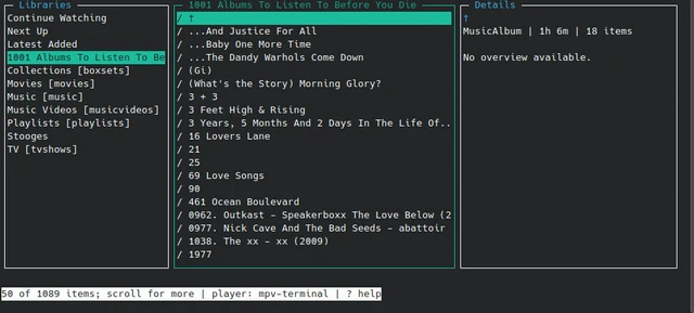View the full-size JellyTerm terminal interface browsing a media library