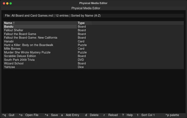 View the full-size Physical Media Editor terminal interface showing board and card games