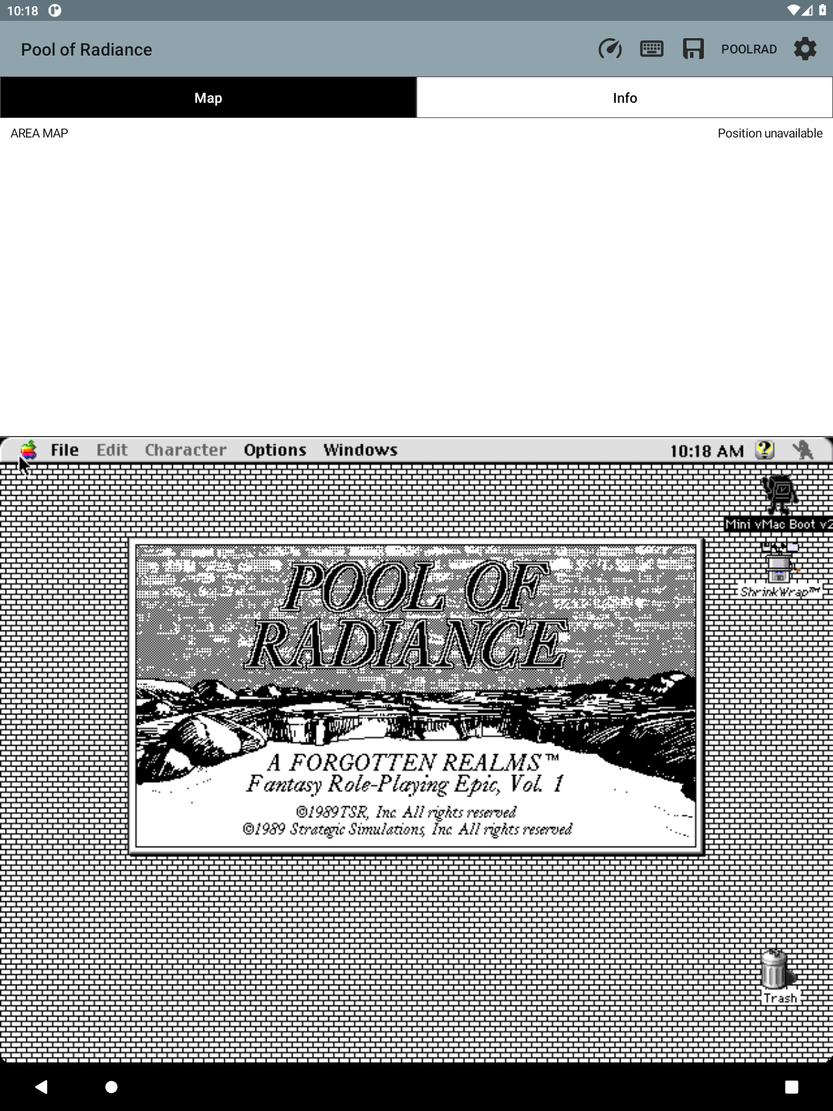 The rebuilt boot disk starting straight into the game over a brick desktop pattern
