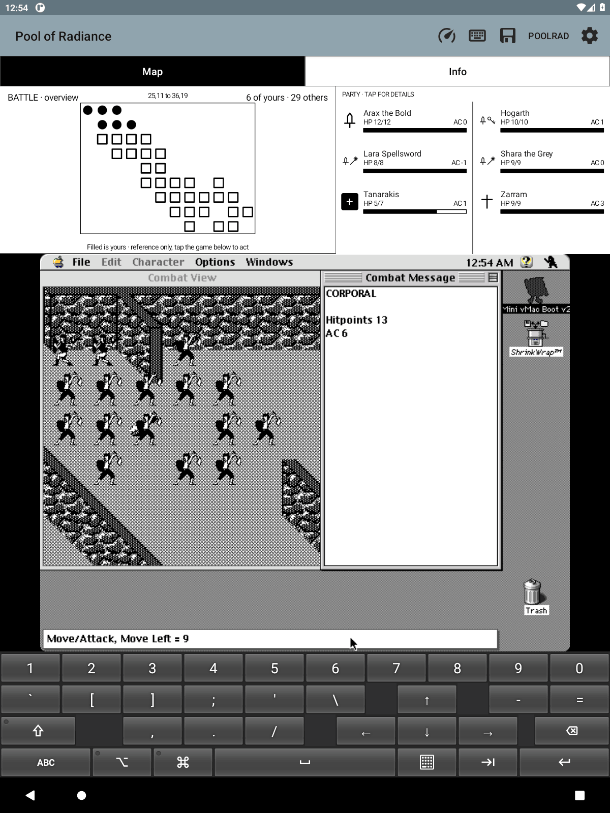 A read-only tactical overview of a battle, party marks filled and the rest hollow, above the game's own combat view