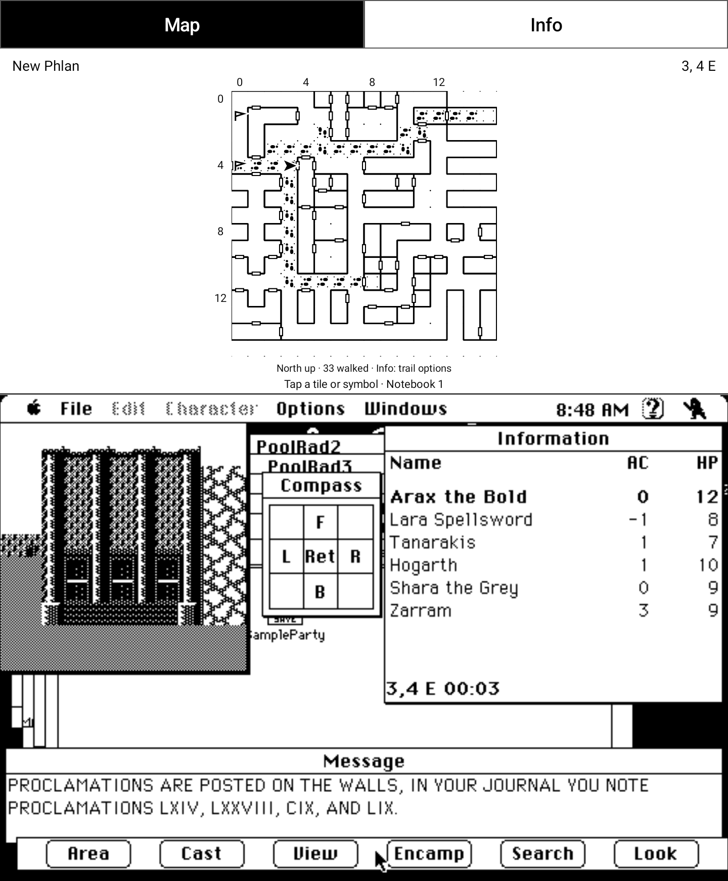 Captured on the e-ink tablet: the map filled in after a long walk, with the game posting its proclamations below