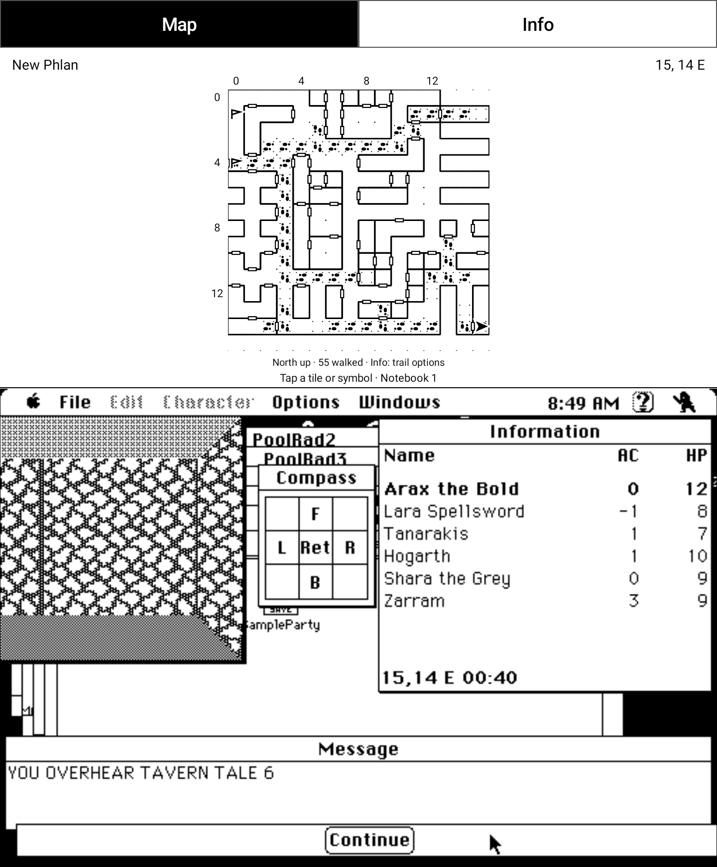 Captured on the e-ink tablet: a tavern tale overheard across town, with the explored map above it