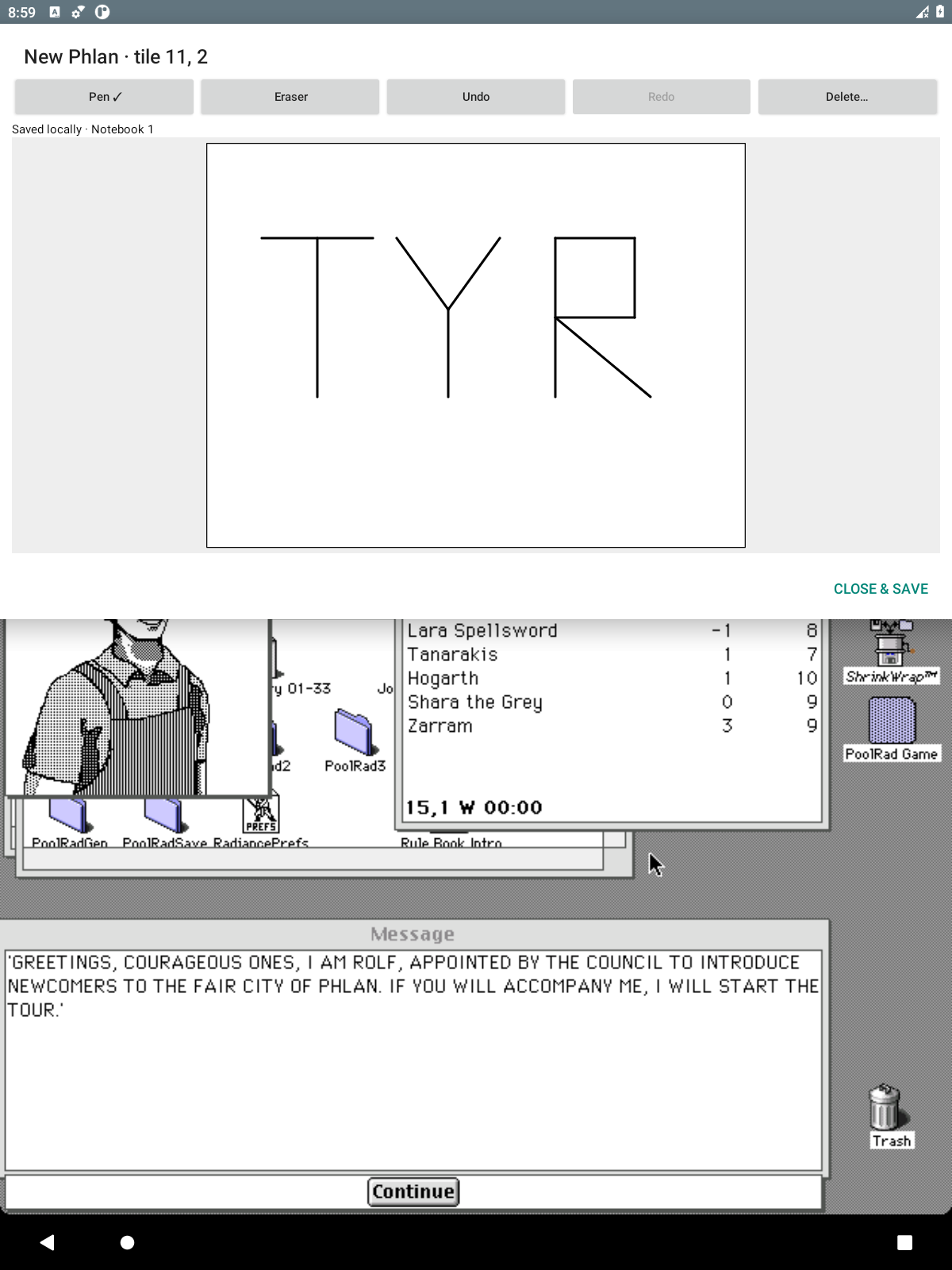 A handwritten note page with TYR sketched by hand, saved against a tile on the New Phlan map