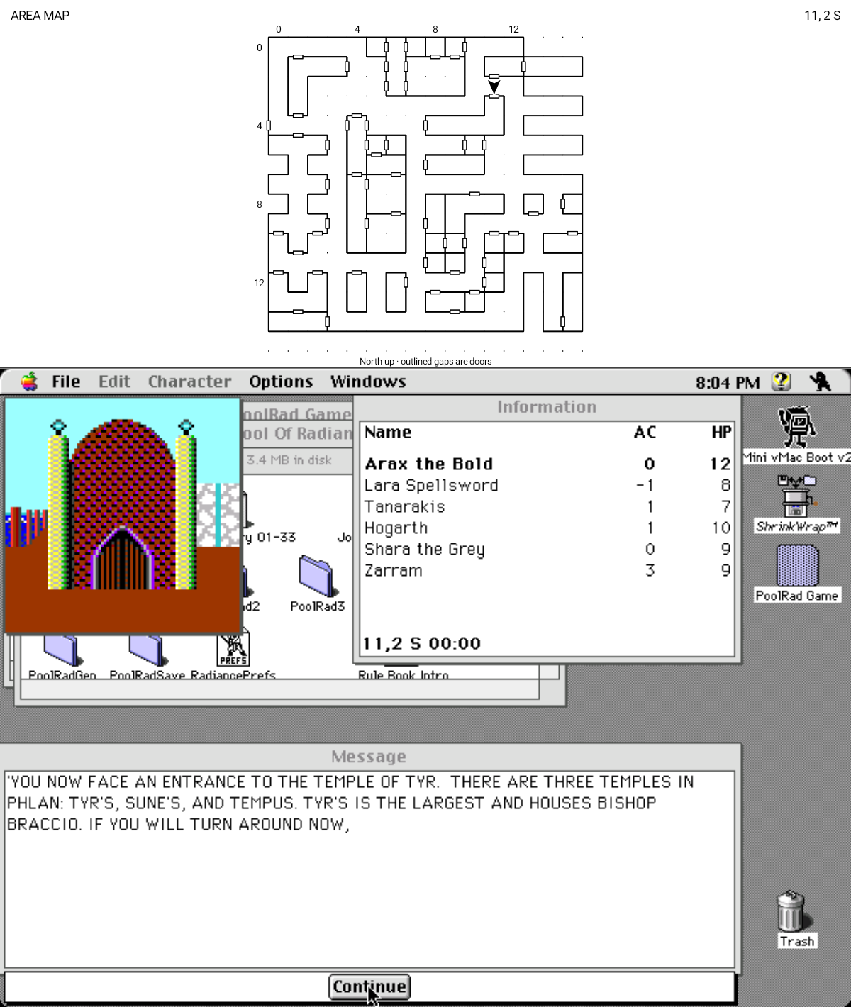 The live map tracking the party to the Temple of Tyr, with the original game's own temple artwork below it