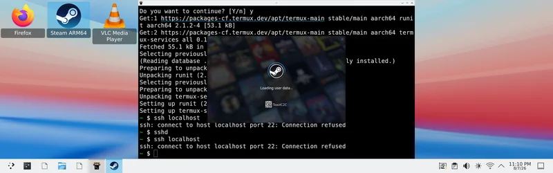 ARM64 Steam loading user data in front of a Termux terminal on Android