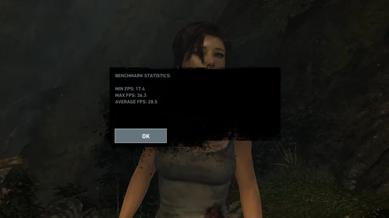 Tomb Raider benchmark result showing 17.4 minimum, 36.3 maximum, and 28.5 average FPS