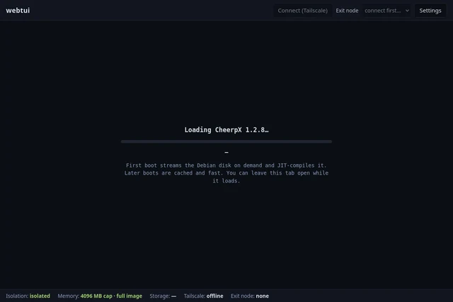 View the full-size webtui browser interface booting a Debian terminal