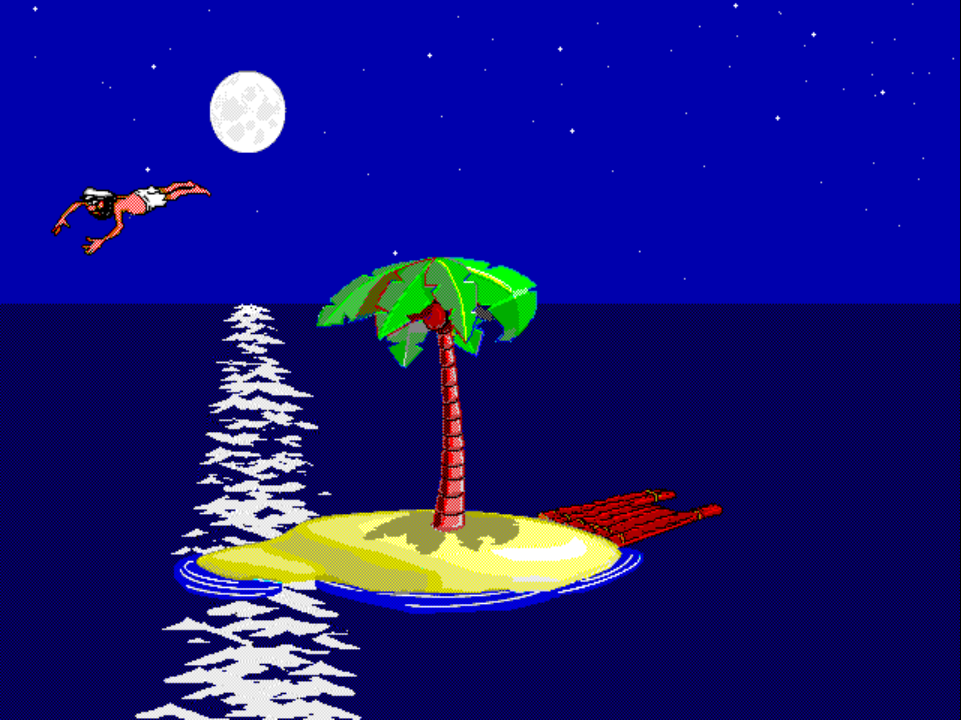 ACTIVITY 1 on PS1 at night: Johnny mid-air, arms outstretched, having just leapt off the palm tree, on his way to a belly-flop into the water.