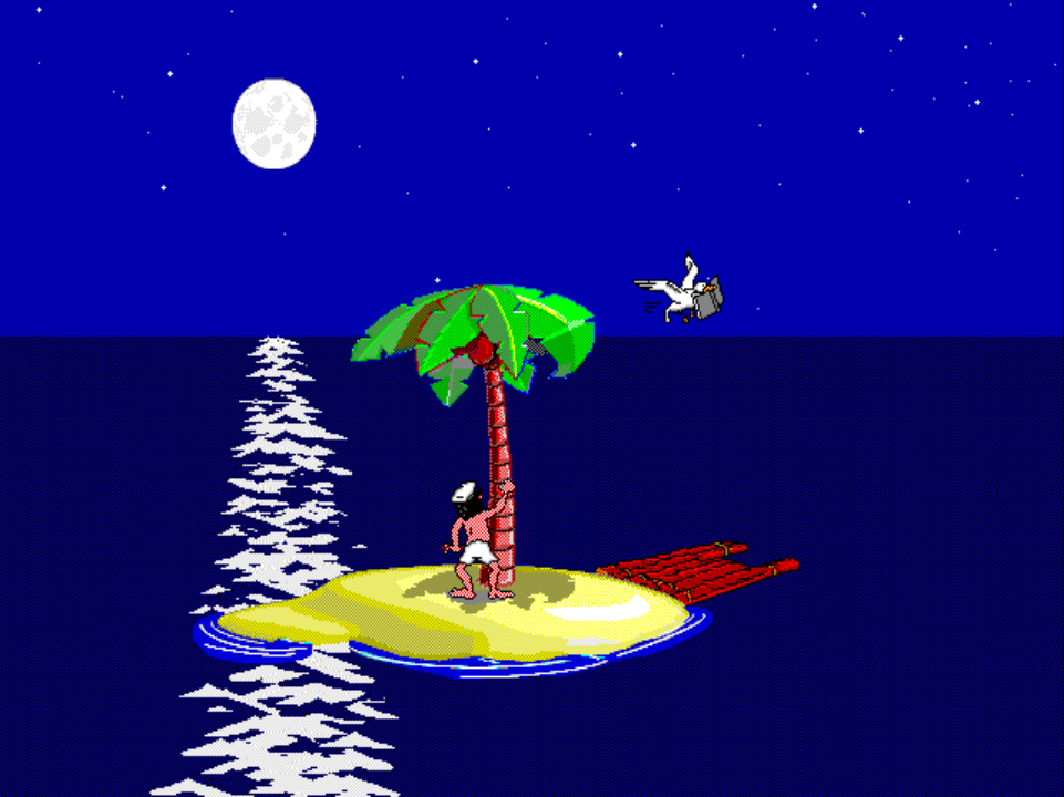 ACTIVITY 10 on PS1 at night: Johnny stands under the palm tree while a seagull flies away upper-right with the stolen book.