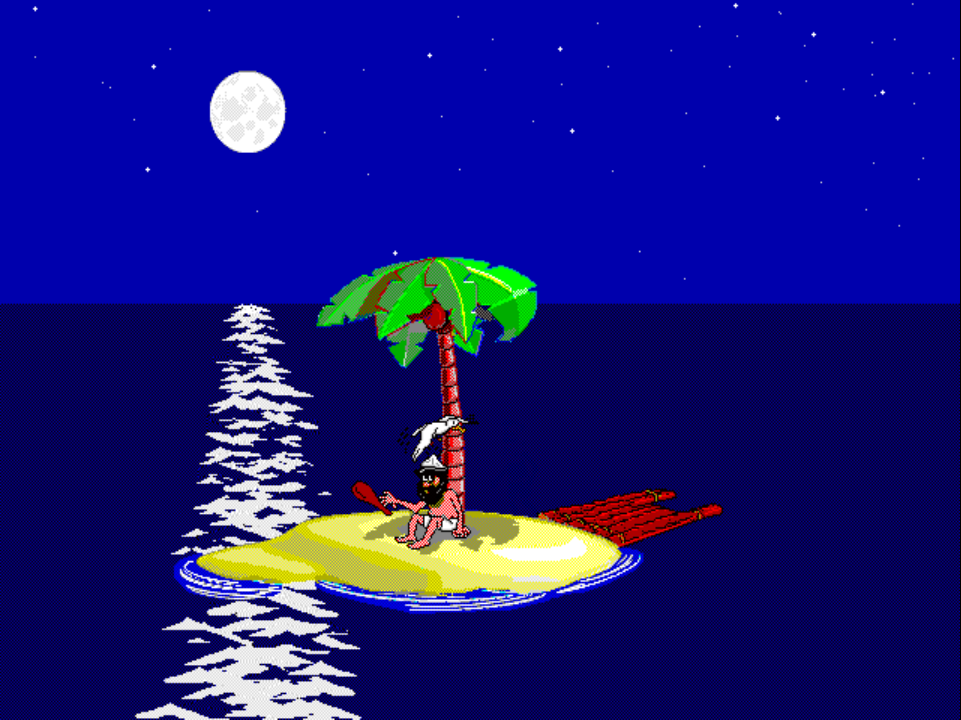 ACTIVITY 12 on PS1 at night: Johnny stands under the palm tree with a white bird perched on top of his head, raising a red club.