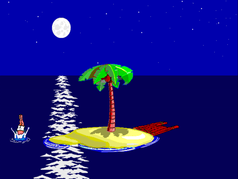 ACTIVITY 4 on PS1 at night: Johnny in the water at the lower-left of the island, post-clean-dive, with a small splash and a seagull above.
