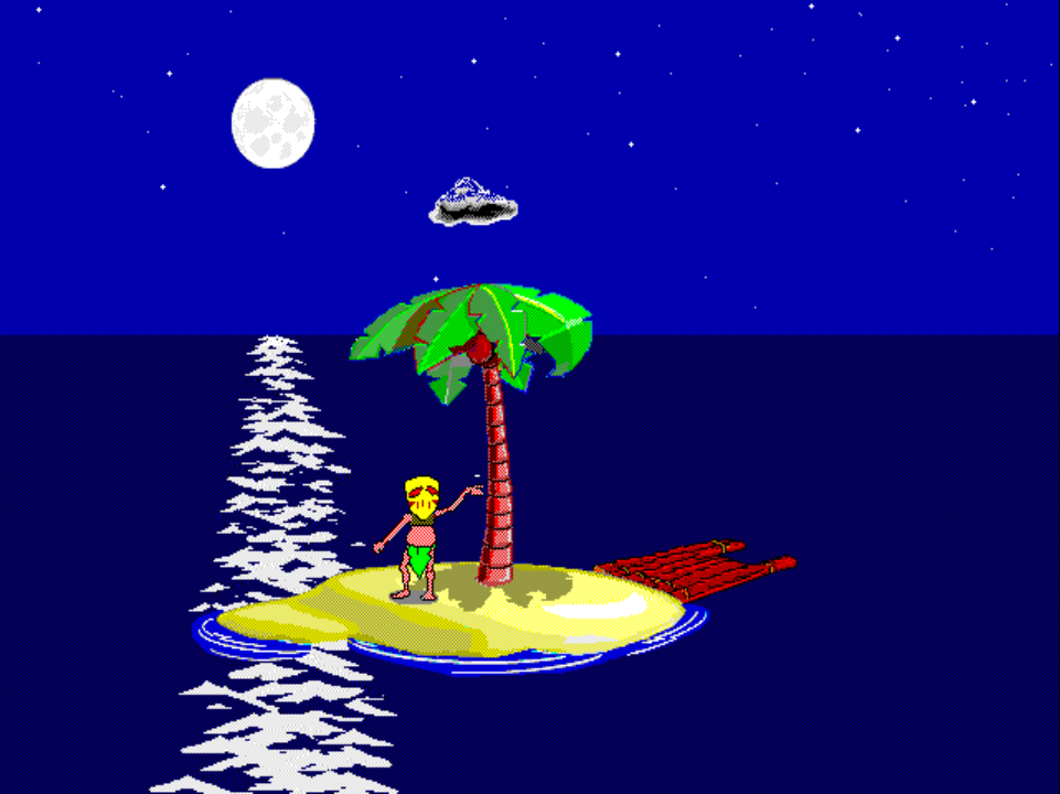 ACTIVITY 5 on PS1 at night: Johnny in costume mid-rain-dance with a storm-cloud thought bubble hovering over the palm tree.