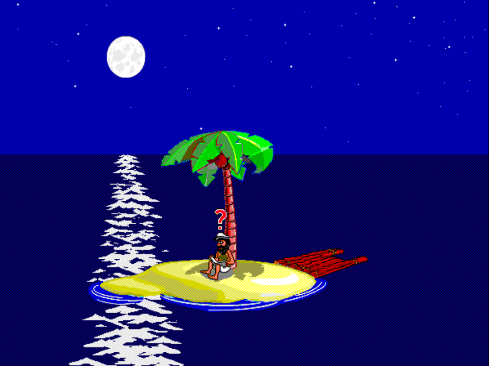 ACTIVITY 7 on PS1 at night: Johnny sits under the palm reading, a red question-mark thought bubble hovering over his head.