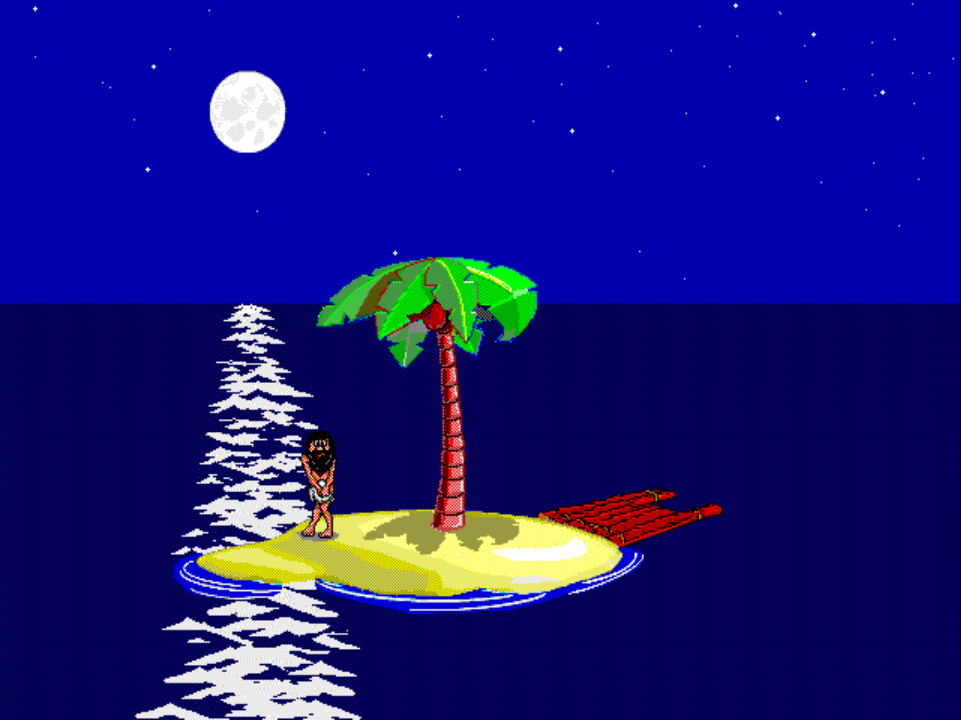 ACTIVITY 8 on PS1 at night: Johnny stands at the shoreline on the left side of the island, mid-bath in the surf.