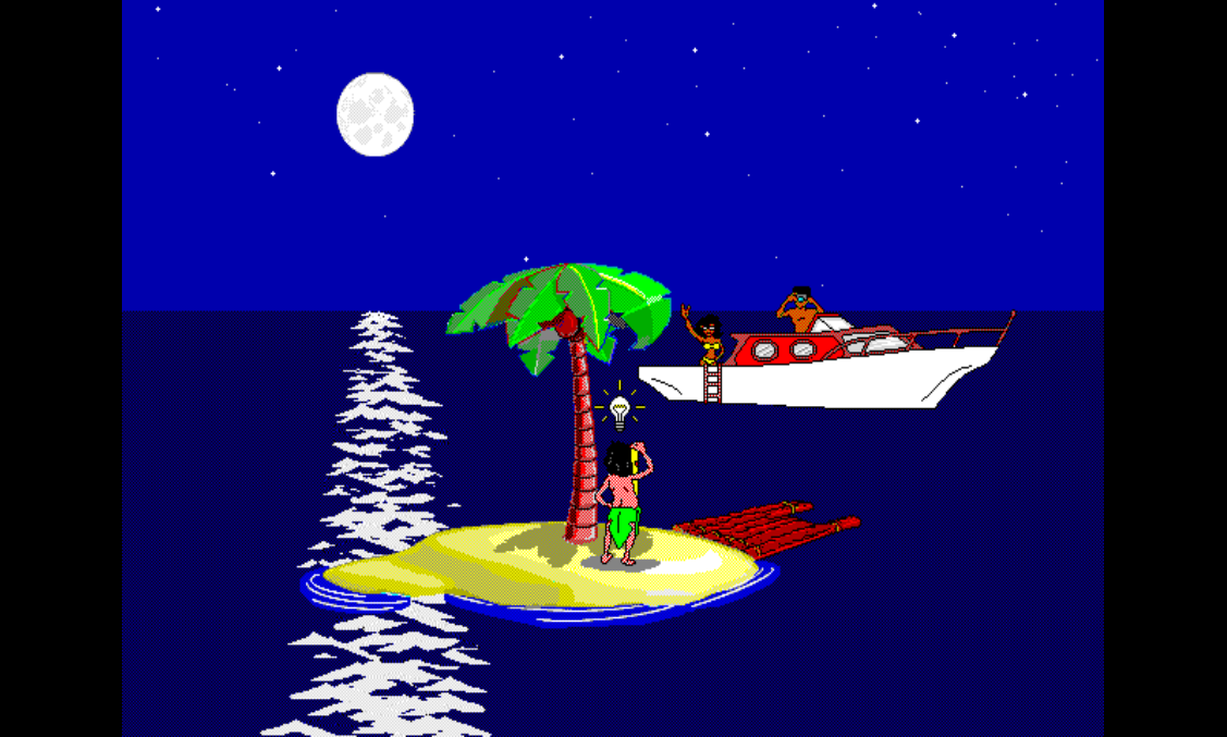ACTIVITY 9 running on PS1: Johnny rain-dances while a boat carrying a couple passes the island.