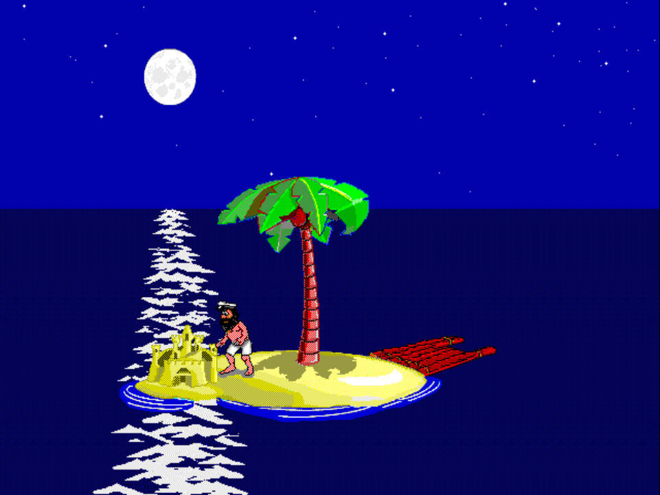 BUILDING 1 on PS1 at night: Johnny stands next to a slumping yellow sandcastle on the left side of the island, mid-build.