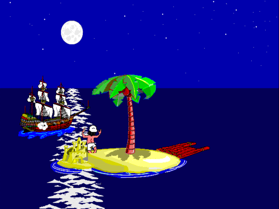 BUILDING 2 running on PS1: Johnny's sandcastle has been taken over by tiny lilliputians who are launching airplanes from it. The castle has a small red flag at its peak.