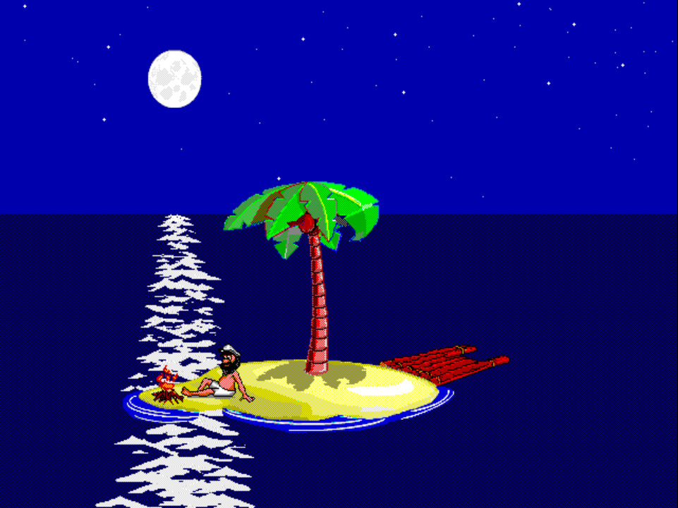 BUILDING 5 on PS1 at night: Johnny sits at the left shoreline next to a small fire, the moon visible above.