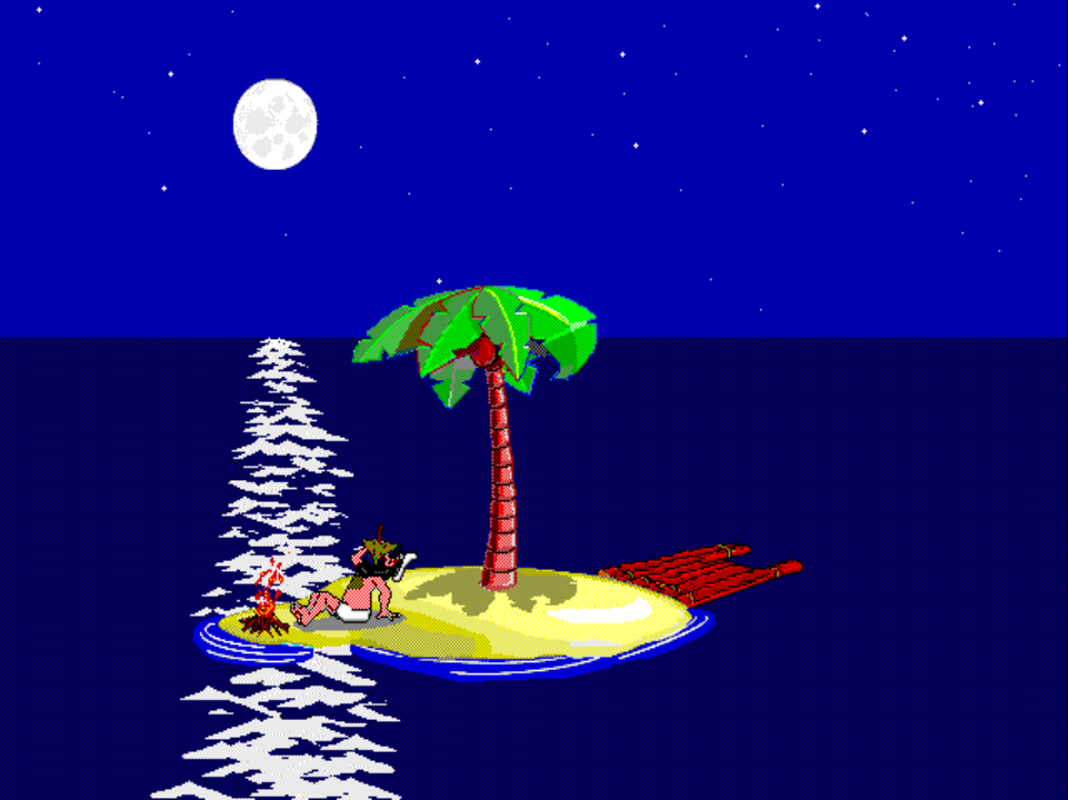 BUILDING 7 on PS1 at night: Johnny crouches next to a small fire on the left shoreline, mid-grill of a caught fish.