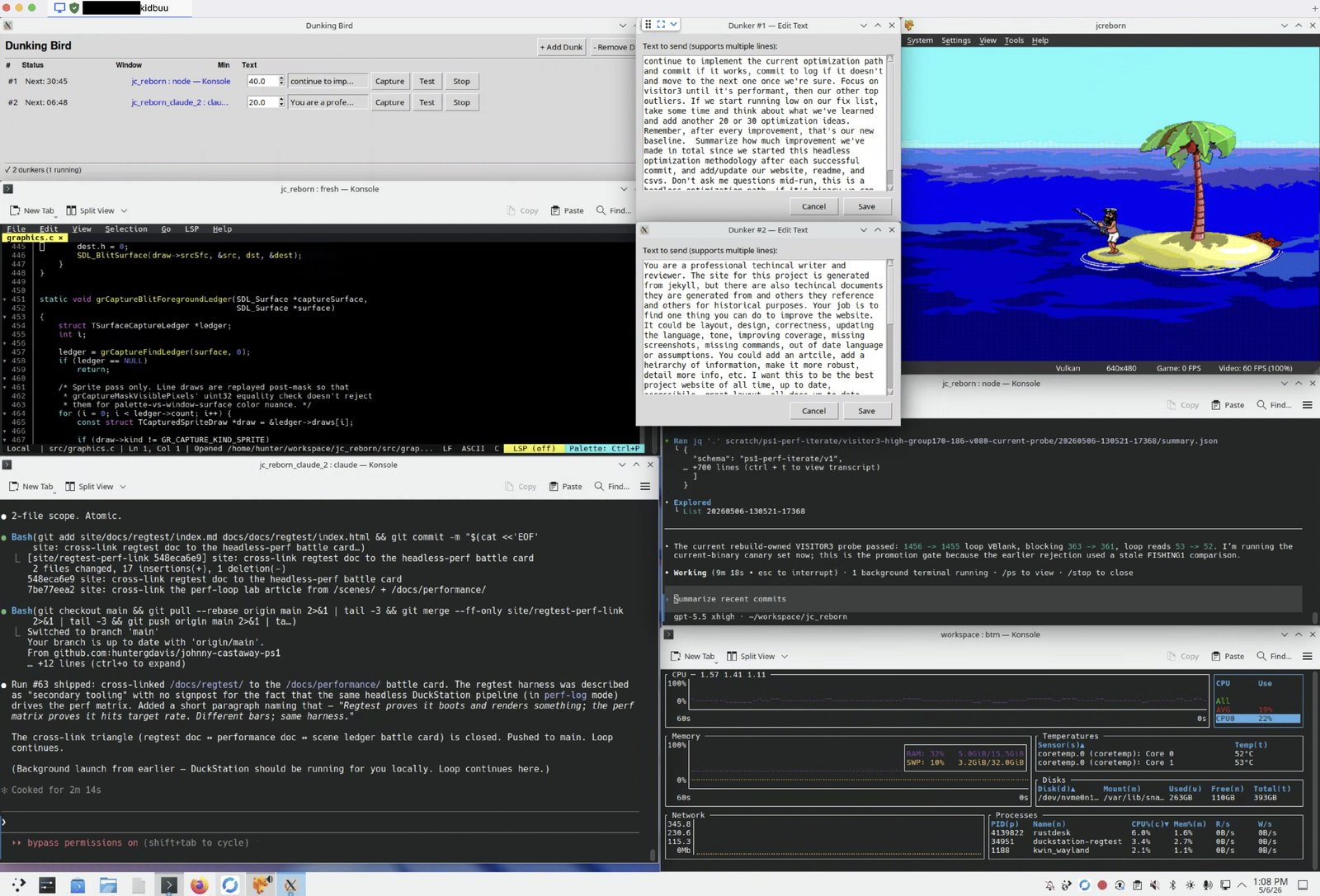 Multi-monitor PS1 development environment with Dunking Bird, the fresh editor, two AI agent windows (Claude and Codex), DuckStation, and bottom-monitor system telemetry on KDE Plasma.