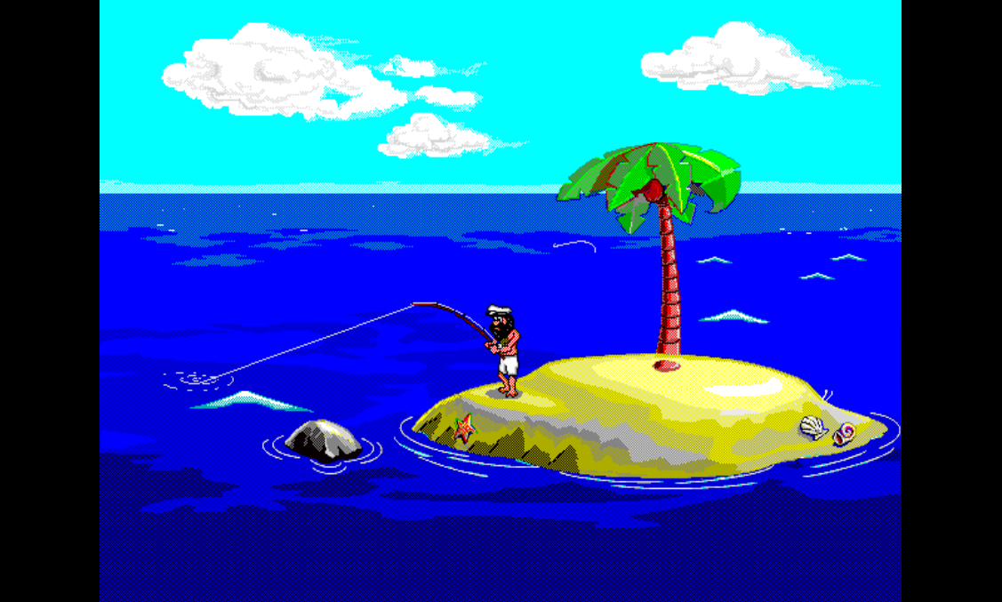 FISHING 1 running on PS1: Johnny casts a fishing line off the island, sun overhead, palm tree in frame.
