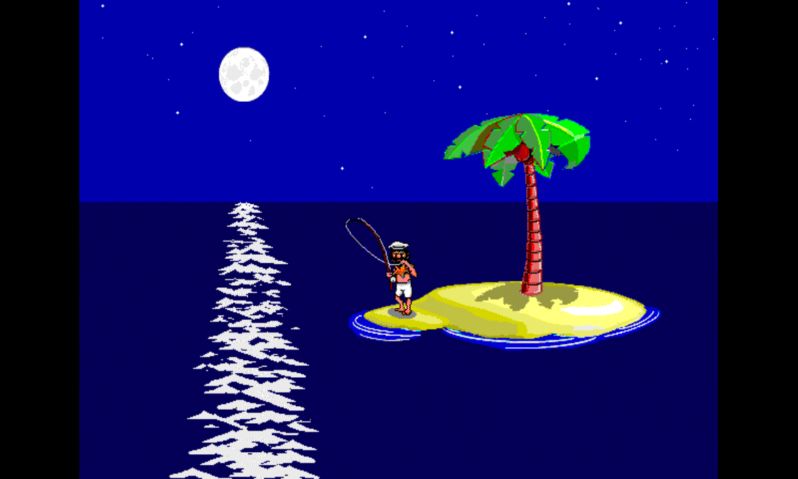 FISHING 1 running on PS1 at night: full moon, dark ocean, Johnny mid-cast at the moonlit shore.