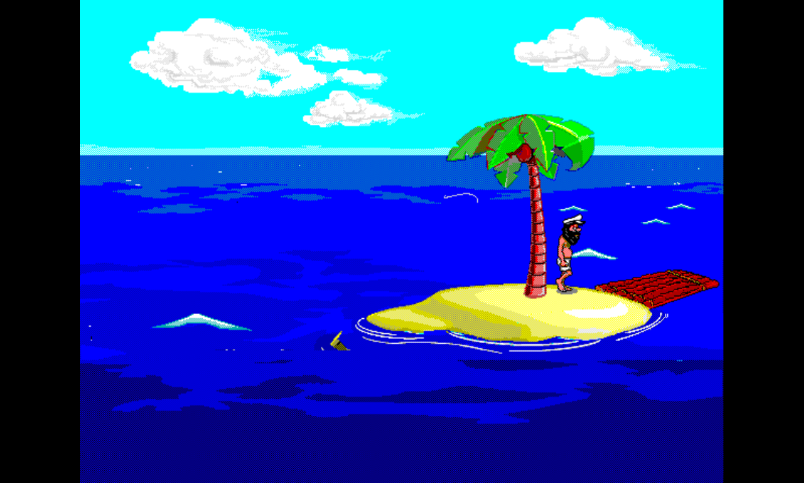 FISHING 1 on PS1 with the raft built: Johnny stands next to a completed wood raft on the island shore.