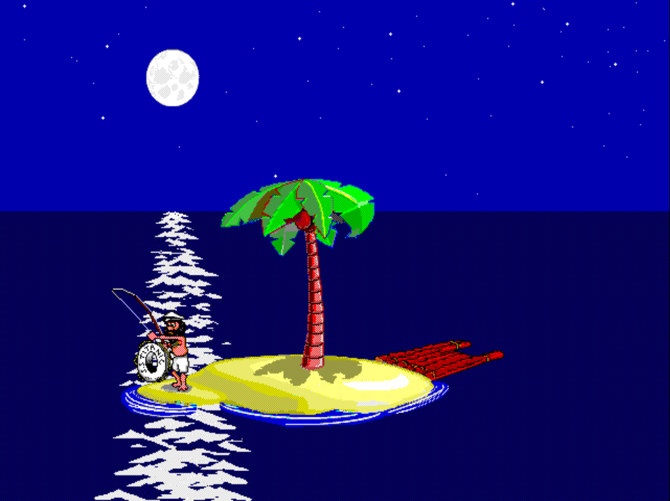 FISHING 2 running on PS1: Johnny on the island reeling a TITANIC-stenciled life preserver ring out of the water on his fishing line.