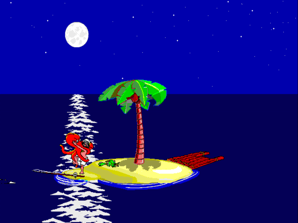 FISHING 3 on PS1 at night: a red octopus stands on the shoreline next to Johnny's fishing line on the left side of the island, walking off with the fish.