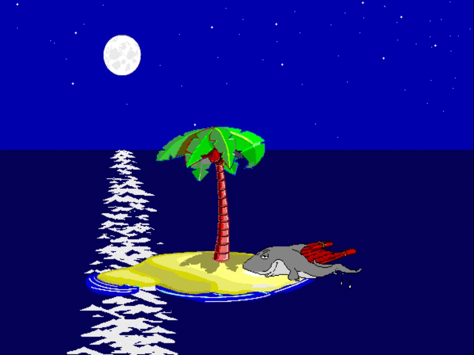 FISHING 5 on PS1 at night: a large grinning shark sits on the right side of the island mid-bite, with what is left of Johnny's gear in its jaws.