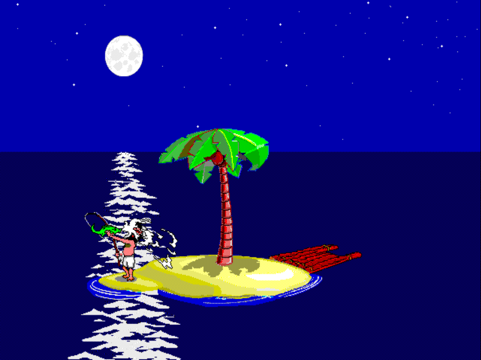 FISHING 6 on PS1 at night: Johnny stands at the left shoreline holding a green fish that is squirting water directly into his face.