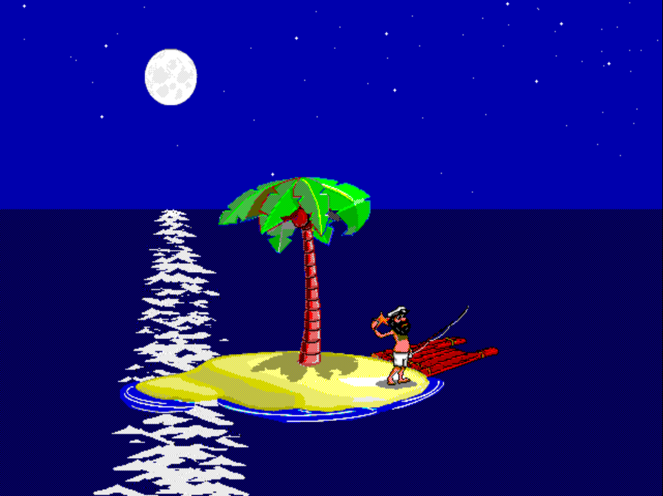 FISHING 7 on PS1 at night: Johnny stands on the right side of the island holding a fishing rod, a starfish visible on the raft/dock next to him.