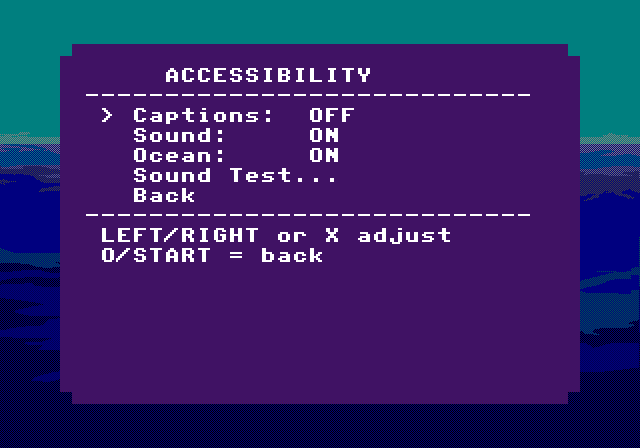 Captured PS1 screenshot of the Accessibility screen. Captions, sound, footsteps, Sound Test, and Back.