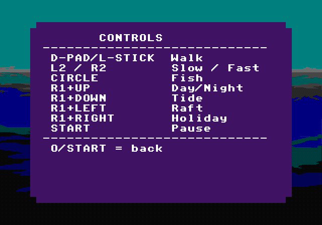 Captured PS1 screenshot of the Controls screen. The on-disc reminder for Freeplay controls: walking, speed modifiers, fishing, clear screen, world toggles, and pause.