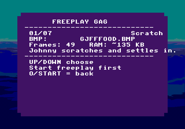 Captured PS1 screenshot of the Freeplay Gags screen. Selector for direct Johnny actions. Each entry shows the source bitmap, frame count, rough RAM cost, and a one-line behavior note.