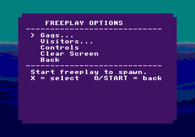 Captured PS1 screenshot of the Freeplay Options screen. The Freeplay debug entry page: gag catalog, visitor catalog, controls, and the clear-screen rebuild action.