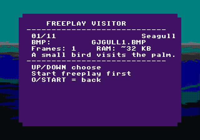 Captured PS1 screenshot of the Freeplay Visitors screen. Selector for external events and visitors, with the same asset metadata as the gag catalog.
