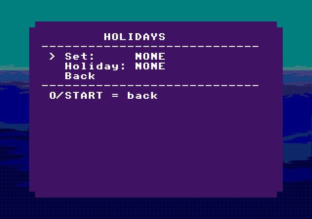 Captured PS1 screenshot of the Holidays screen. Holiday mode and forced holiday selection: Auto Date, None, Original 4, or Expanded calendar.