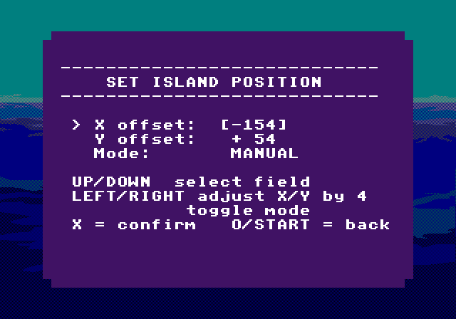 Captured PS1 screenshot of the Set Island Position screen. Manual X/Y offset editor for the island anchor, plus an Auto/Manual mode toggle.
