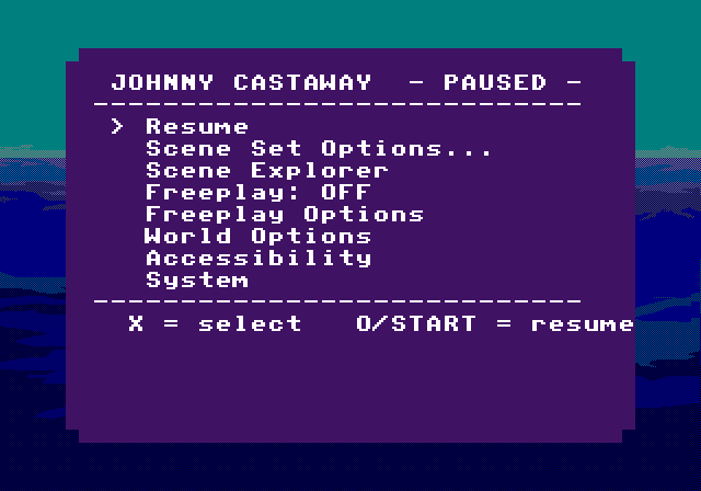Captured PS1 screenshot of the Pause Menu screen. The top-level dispatch screen: resume, open Scene Set Options or Scene Explorer (both new in v0.8.4-ps1), enter or exit Freeplay, open Freeplay Options, World Options, Accessibility, or System.