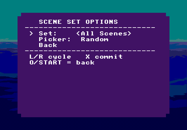 Captured PS1 screenshot of the Scene Set Options screen. Scene-pool selector and picker policy in one place: pick a Scene Set (All Scenes, Fishing Only, Johnny Stories, Mary Visits, Visitors, Activities, or Misc & Suzy) and choose Random / Sequential / Original Sierra dispatch.