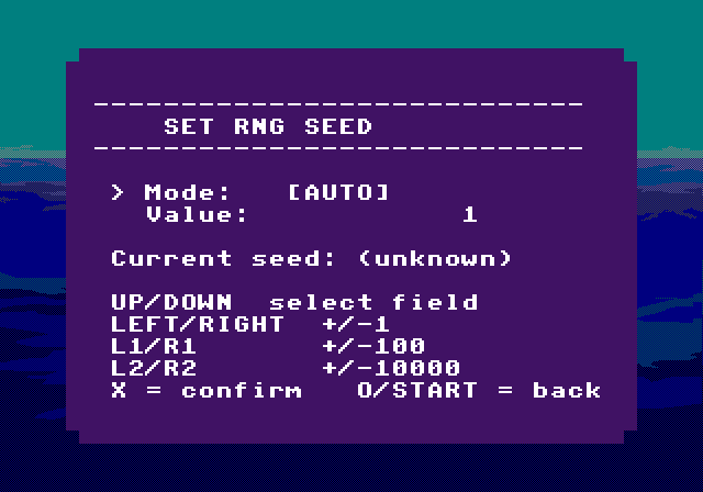 Captured PS1 screenshot of the Set RNG Seed screen. Deterministic random-seed editor for repeatable visual tests and bug reports.