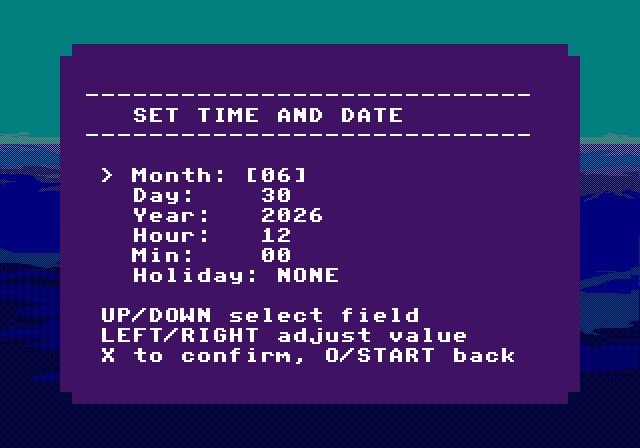 Captured PS1 screenshot of the Set Time And Date screen. Software clock editor. The date drives holiday lookup and lets testers jump directly to seasonal overlays.