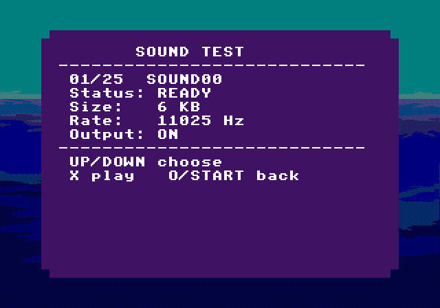 Captured PS1 screenshot of the Sound Test screen. A selector for individual SPU sound effects: choose an effect, see whether it is present, and play it on demand.